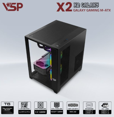 Vỏ case máy tính VSP AQUANAUT PRO GAMING M-ATX X2 GALAXY - Màu đen, không kèm fan