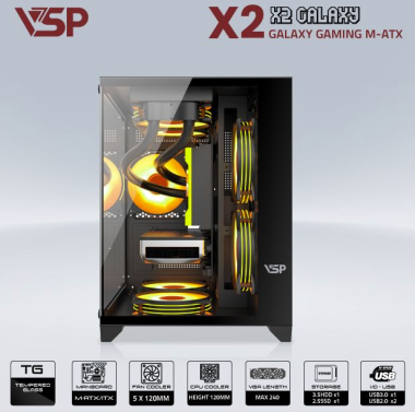 Vỏ case máy tính VSP AQUANAUT PRO GAMING M-ATX X2 GALAXY - Màu đen, không kèm fan