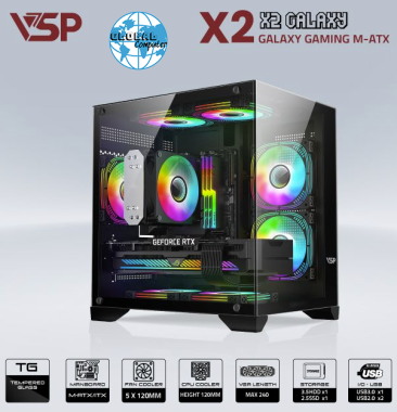 Vỏ case máy tính VSP AQUANAUT PRO GAMING M-ATX X2 GALAXY - Màu đen, không kèm fan
