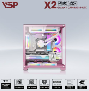 Vỏ case máy tính VSP AQUANAUT PRO GAMING M-ATX X2 GALAXY - Màu hồng, không kèm fan