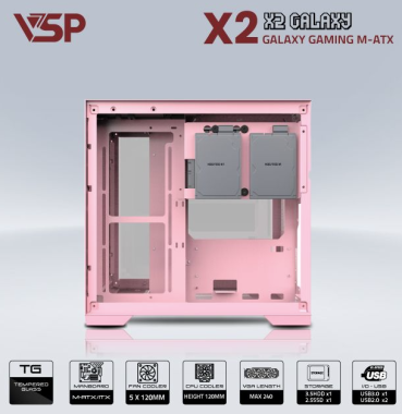 Vỏ case máy tính VSP AQUANAUT PRO GAMING M-ATX X2 GALAXY - Màu hồng, không kèm fan