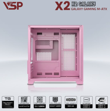 Vỏ case máy tính VSP AQUANAUT PRO GAMING M-ATX X2 GALAXY - Màu hồng, không kèm fan