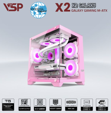 Vỏ case máy tính VSP AQUANAUT PRO GAMING M-ATX X2 GALAXY - Màu hồng, không kèm fan