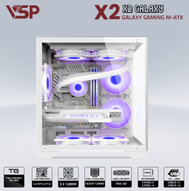 Vỏ case máy tính VSP AQUANAUT PRO GAMING M-ATX X2 GALAXY - Màu trắng, không kèm fan
