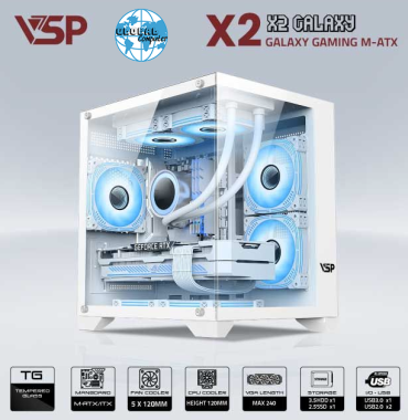 Vỏ case máy tính VSP AQUANAUT PRO GAMING M-ATX X2 GALAXY - Màu trắng, không kèm fan