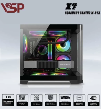 Vỏ case máy tính VSP AQUANAUT PRO GAMING M-ATX X7 - Màu đen, không kèm fan