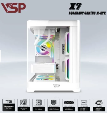 Vỏ case máy tính VSP AQUANAUT PRO GAMING M-ATX X7 - Màu trắng, không kèm fan