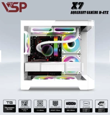 Vỏ case máy tính VSP AQUANAUT PRO GAMING M-ATX X7 - Màu trắng, không kèm fan