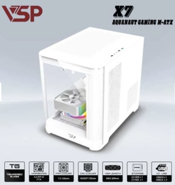 Vỏ case máy tính VSP AQUANAUT PRO GAMING M-ATX X7 - Màu trắng, không kèm fan