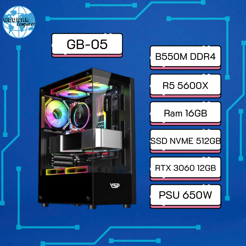 PC Gaming GB-05 | PC Chiến Game B550M | Ryzen 5600X | RAM 16GB | RTX 3060 | SSD NVMe 512GB | Cân Mọi Game - Xây Dựng Thiết Kế Mượt