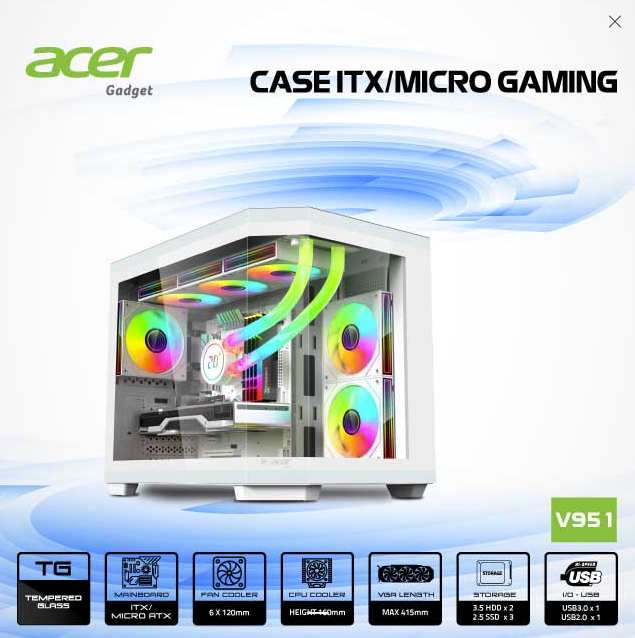 Vỏ case máy tính ACER V951 BLK M-ATX GAMING Kèm 3FAN ARGB - Màu trắng