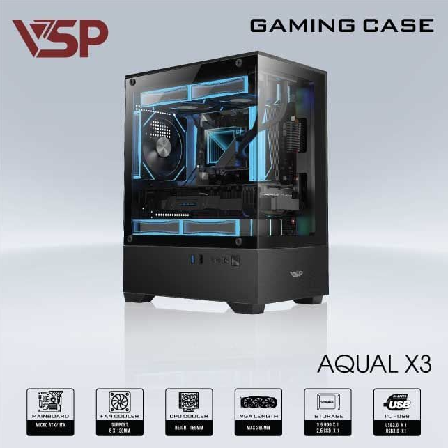 Vỏ case máy tính VSP AQUAL X3 - Màu đen, trắng (không kèm fan)