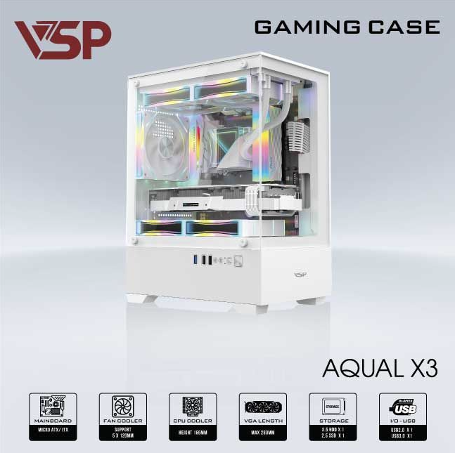 Vỏ case máy tính VSP AQUAL X3 - Màu trắng, không kèm fan